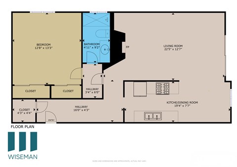 Floor plan for 1 bed, 1 bath